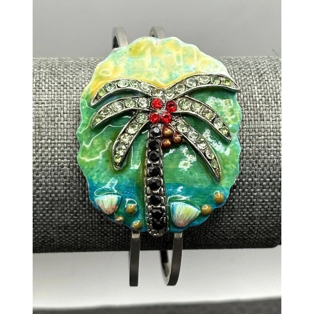 Vintage Tropical Palm Tree Clamper Bangle Enamel Rhinestone Beach Bracelet 7.5
